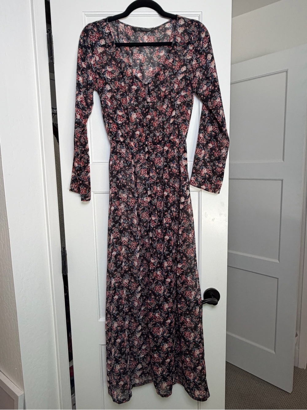 Zara Floral V-Neck Long Sleeve Sheer Floral Maxi Dress  (Small)